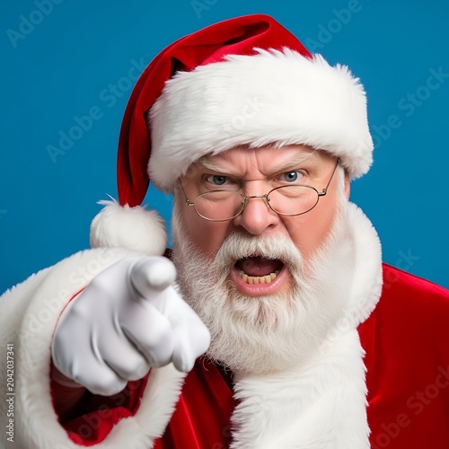 Angry Santa Claus Pointing at Camera on Blue Studio Background