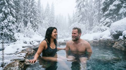 Couple soaking in natural hot spring surrounded by snow, geothermal wellness travel concept, thermal spa tourism, winter hot springs, outdoor bathing