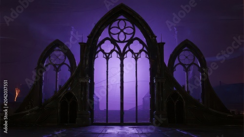 Gothic pointed-arch tracery windows glow faintly in purple night, the retro architectural silhouette exuding dark mysterious religious atmosphere.