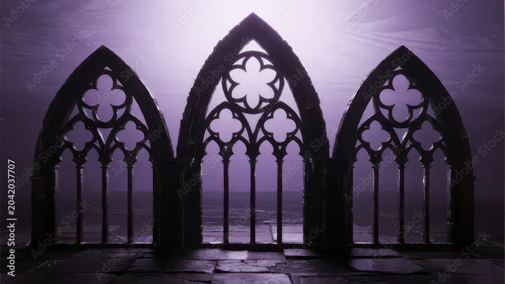 Obraz premium Gothic pointed-arch tracery windows glow faintly in purple night, the retro architectural silhouette exuding dark mysterious religious atmosphere.