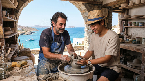 Local artisan teaching tourist pottery making in Mediterranean village, cultural hands-on experience, artisan workshop tourism, creative travel, heritage craft
