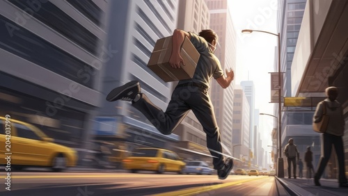 Male courier in casual attire running with package on busy city street