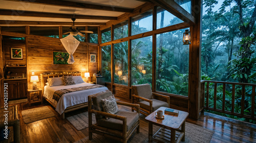 Treehouse hotel room in tropical rainforest with panoramic windows, unique eco-tourism accommodation, sustainable luxury travel, nature immersion