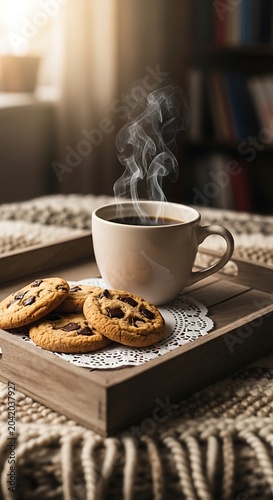 Steaming Hot Coffee Cup with Chocolate Chip Cookies on Cozy Wooden Tray