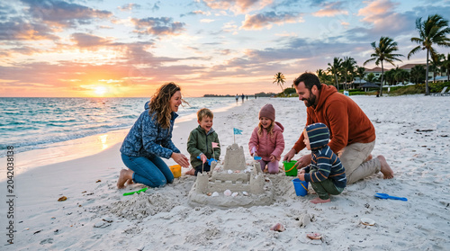 Family building sandcastle on white sandy beach, tropical family vacation concept, joyful beach holiday, children playing, resort lifestyle