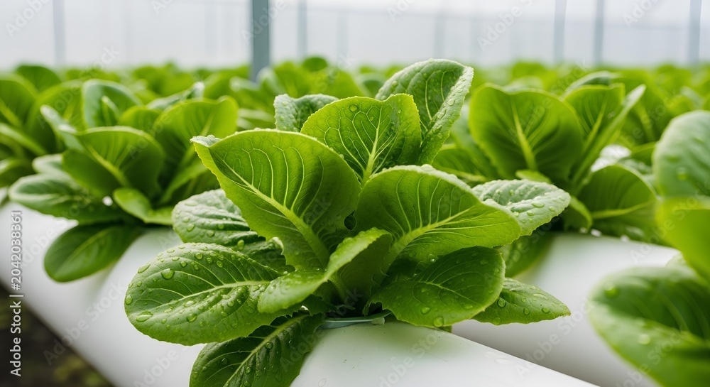 Obraz premium Growing green lettuce plants in a hydroponic system indoors