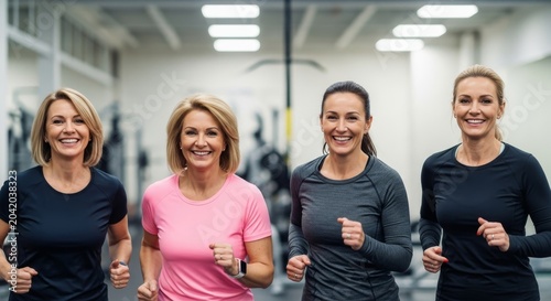 Four athletic women in activewear running together in a modern gym.