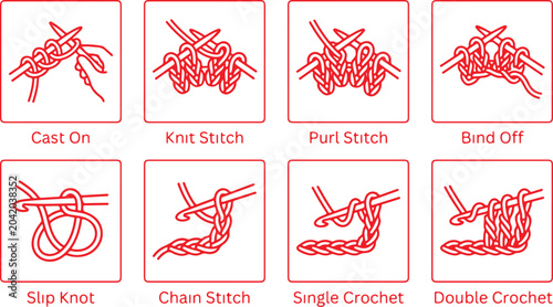 Foto Educational collection of eight crochet and knitting stitch icons showing techniques with needles