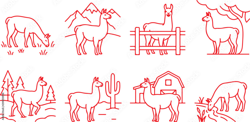 Obraz premium Set of eight linear llama icons featuring animals in diverse landscapes and settings for design use.