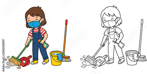 Foto Diligent Girl in Mask Sweeping and Cleaning - Hygiene and Responsible Chores