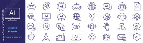 Foto AI agents Icons Set – Premium Modern Outline Vector Collection for AI, artificial, intelligence, agent, symbol, technology, automation, assistant and workflow