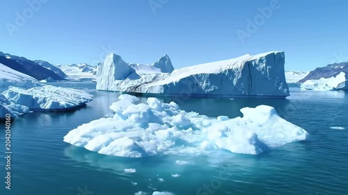Majestic Icebergs Floating in Arctic Waters Under Clear Blue Sky.