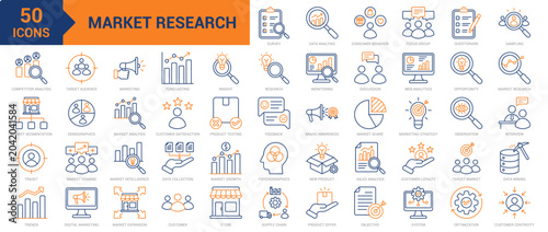 Market Research colored line icon collection set. Containing market analysis, consumer behavior, data analysis, web analytics, market intelligence, customer loyalty, survey, market research icons
