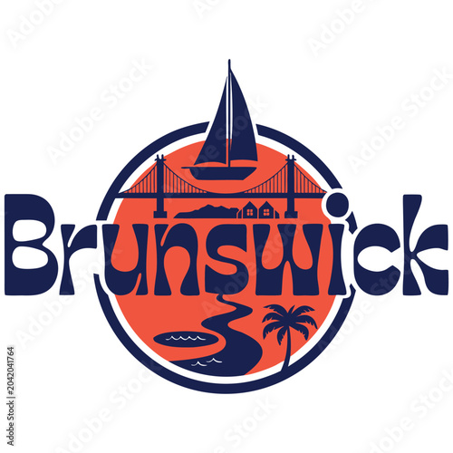 Brunswick Georgia Retro Coastal Vector Graphic with Sailboat, Suspension Bridge, and Palm Tree on Orange Sun Badge - Vintage Travel T-Shirt Design