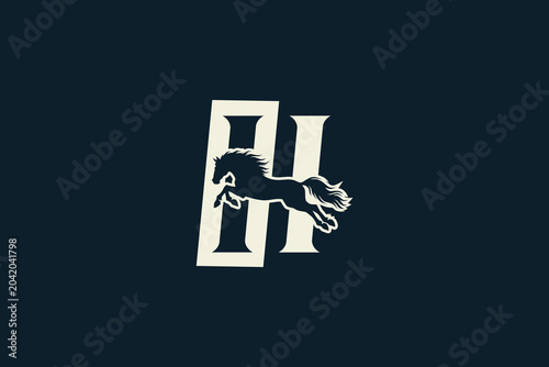 Silhouette logo of a horse jumping to form the letter H
