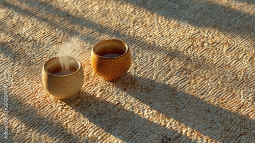 Two ceramic cups of hot beverage rest on textured fabric illuminated by sunlight and shadow