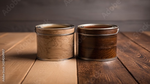 Two metal containers displaying contrasting wood finishes rest upon a wooden surface