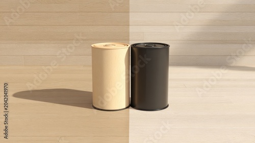 Two cylindrical containers stand side by side on a light wooden surface with a vertical division in the background lighting