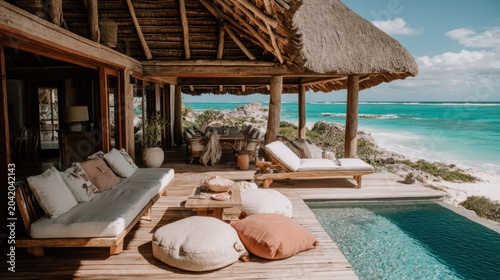 Luxurious outdoor living space overlooks bright turquoise ocean water from a wooden deck.