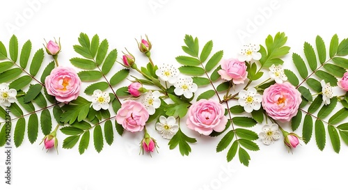 Delicate Pink Rose and White Blossom Border Arranged on Clean White Background