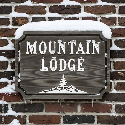 Snow Covered Mountain Lodge Sign Hanging on Rustic Brick Wall
