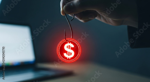 Hand Holding Glowing Dollar Sign Icon Over Laptop in Dark Office Setting