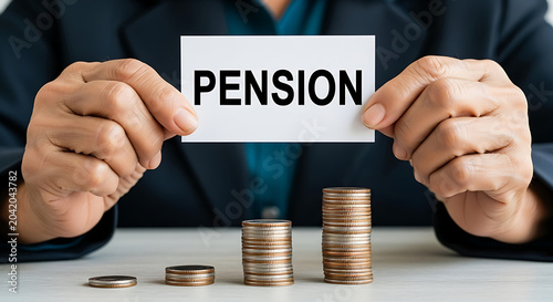 Hands Holding Pension Sign Over Stacked Coins on Wooden Table Financial Planning Concept