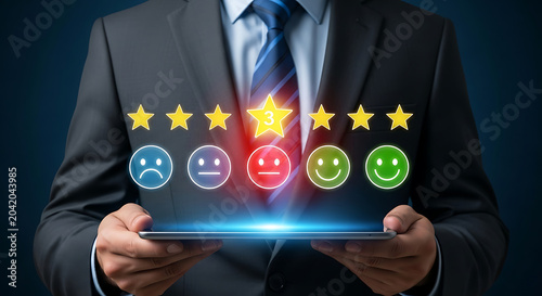 Business professional holding glowing five star customer rating hologram display with colorful feedback icons