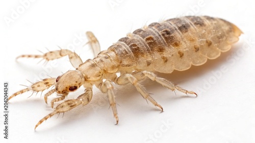 Head louse insect macro view isolated on a clean white background.