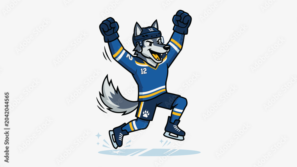 Fototapeta premium Cartoon wolf mascot in blue hockey uniform skating with arms raised in celebration on ice