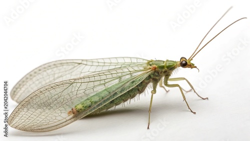 Close-up of a delicate green lacewing insect isolated on a pure white background.