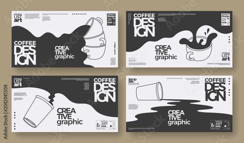 Coffee concept design. Outline horizontal banners set of ceramic and paper cups. Abstract templates with spilling, flowing coffee. Minimalist illustration for wall art, cafe, decoration, coffeeshop