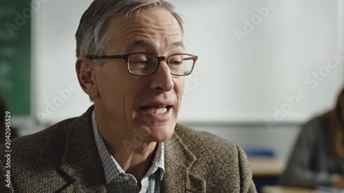 Professor teaching in a classroom, giving a lecture, speaking to students.