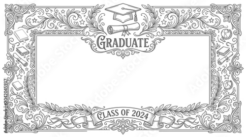 Foto Ornate Graduation Frame Border - Class of 2024, Graduate Cap and Scroll - Vector