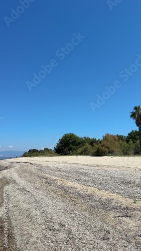 Tropical beach with palm trees, white sand, crystal clear sea, sunny weather, paradise island atmosphere, relaxing coastal view