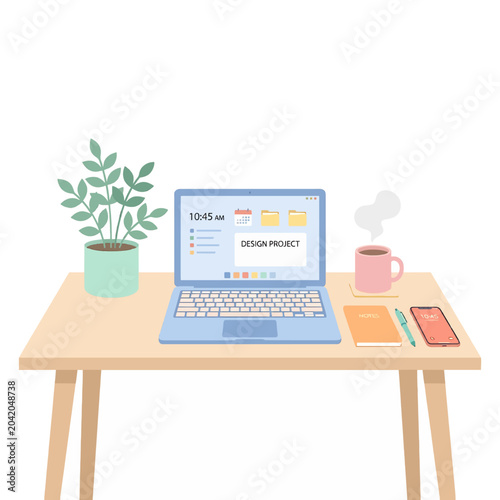 Laptop on Desk with Plant and Coffee Cup