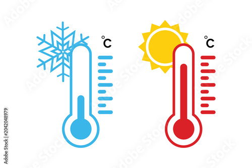 Photos Hot and Cold Thermometer Vector Set with Red and Blue Temperature Indicators
