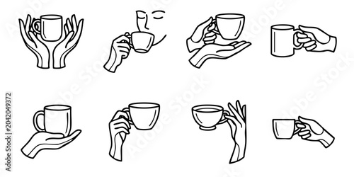 Photos A hand holds a coffee cup in various gestures and positions.