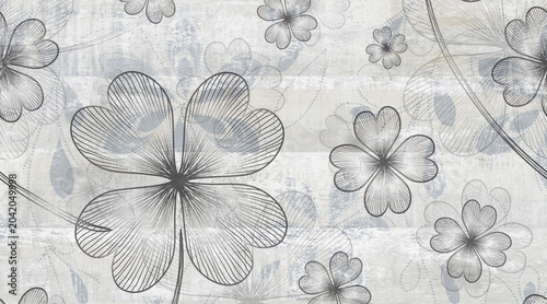 Schilderij op canvas Vintage floral tile pattern with hand-drawn clover leaves, rustic ceramic wall t
