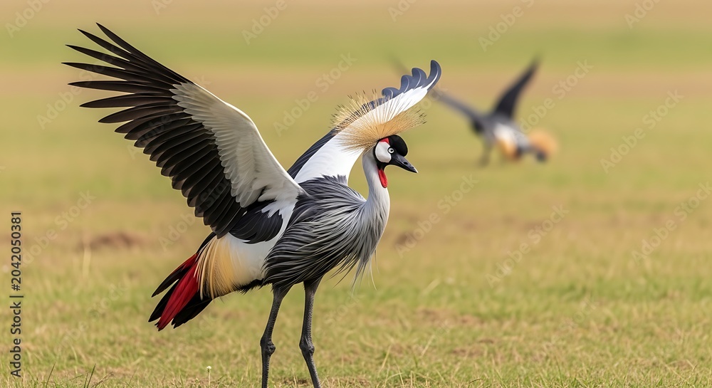 Naklejka premium Elegant Grey Crowned Crane Spreading Wings in Grassy Wetland