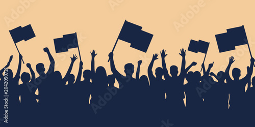 Foto A crowd of people protesting with flags and raised fists in a public event