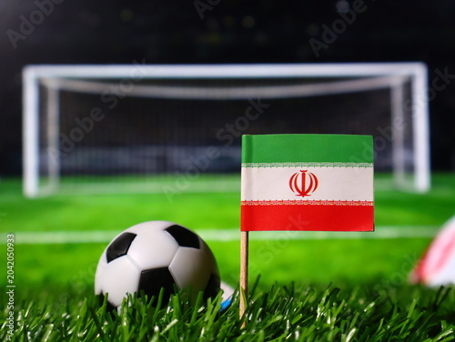 Foto Small flag of iran on a wooden stick stuck in the green grass of a soccer field