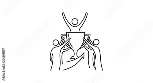 Trophy and people celebrating success in simple line art on white backdrop