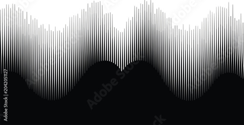Professional black and white audio wave spectrum vibrating with energetic frequency peaks in a high contrast digital environment.