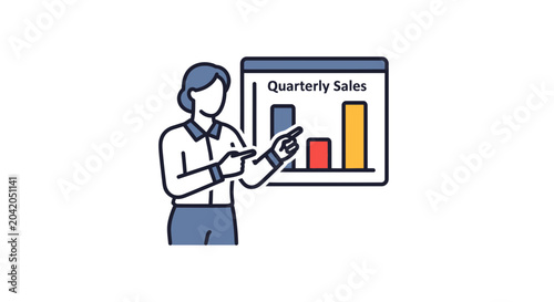 Woman presenting sales data on a chart board with a pointing gesture