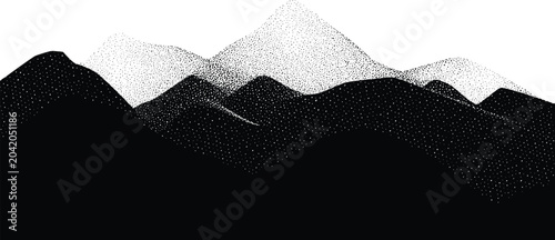 Artistic minimalist mountain range with layered peaks featuring intricate stippled dot textures for a serene and calm vista.