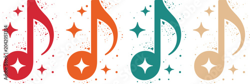 Foto A vibrant set of four textured musical eighth notes in red, orange, teal, and beige with sparkling stars on a white background