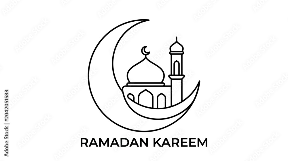 Naklejka premium Ramadan Kareem crescent moon and mosque icon, Islamic holiday greeting