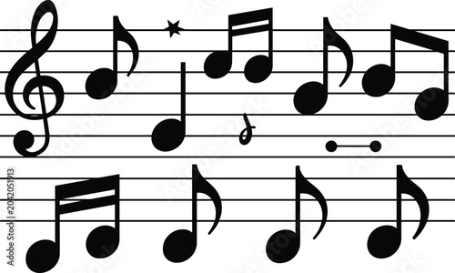 Obraz na płótnie Creative black music notes and a treble clef symbol flowing along a horizontal staff on a bright white background