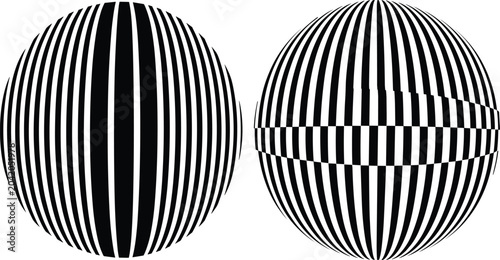 Minimalist 3D monochrome spheres with vertical black and white stripes on a flat white background creating optical art style.